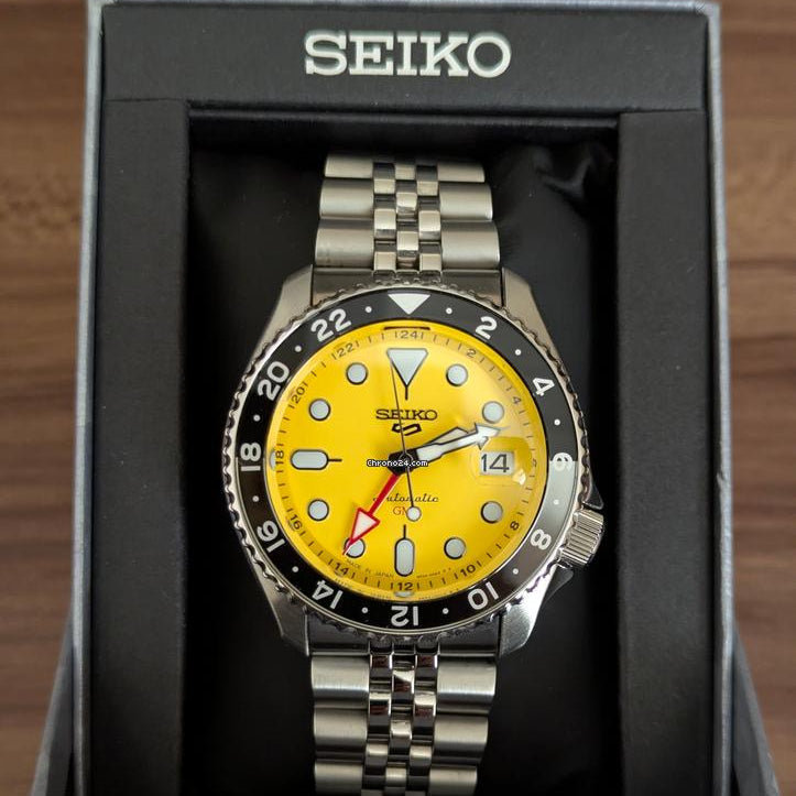 Seiko 5 Sport SKX GMT US Special Creation Automatic Yellow Dial Silver Steel Strap Watch for Men - SSK017K1 wholesalehk.shop