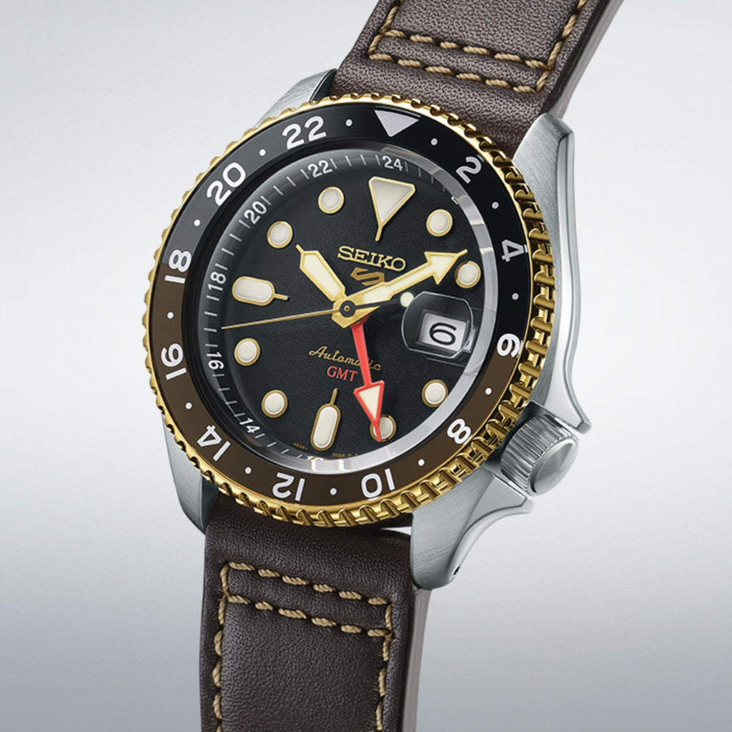 Seiko 5 Sports SKX GMT Automatic Mocha Black Dial Brown Leather Strap Watch For Men - SSK036K1 wholesalehk.shop