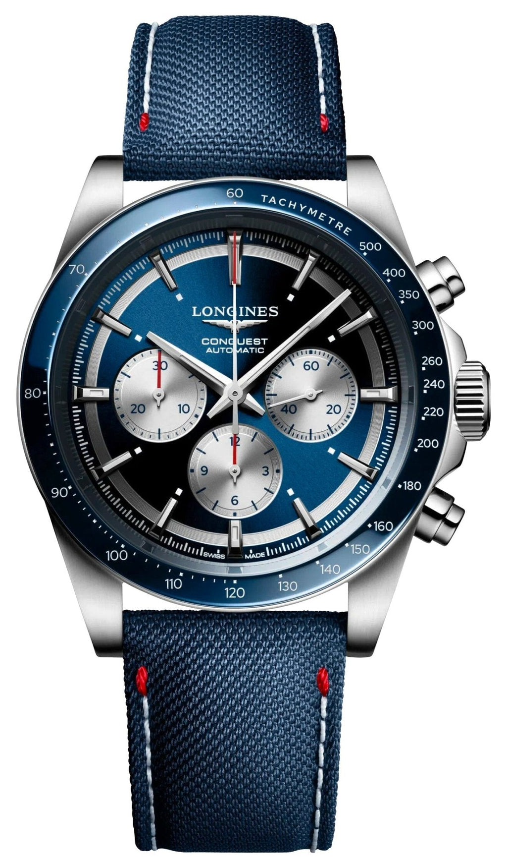 Limited Edition Longines Conquest Marco Odermatt Automatic Chronograph Blue Dial Fabric Strap Interchangeable Blue NATO Strap Mens Watch L3.835.4.91.2 wholesalehk.shop