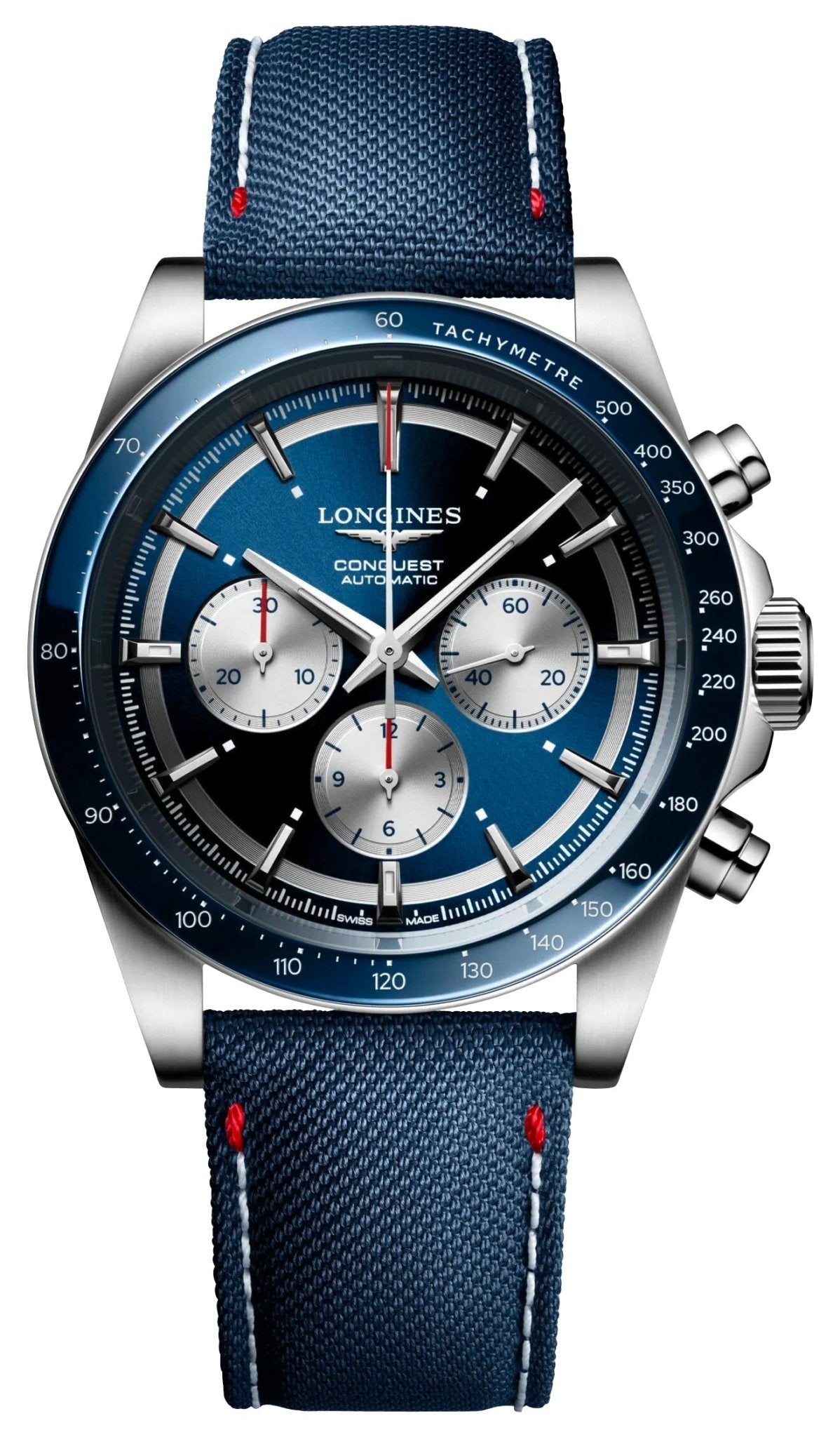 Limited Edition Longines Conquest Marco Odermatt Automatic Chronograph Blue Dial Fabric Strap Interchangeable Blue NATO Strap Mens Watch L3.835.4.91.2 wholesalehk.shop