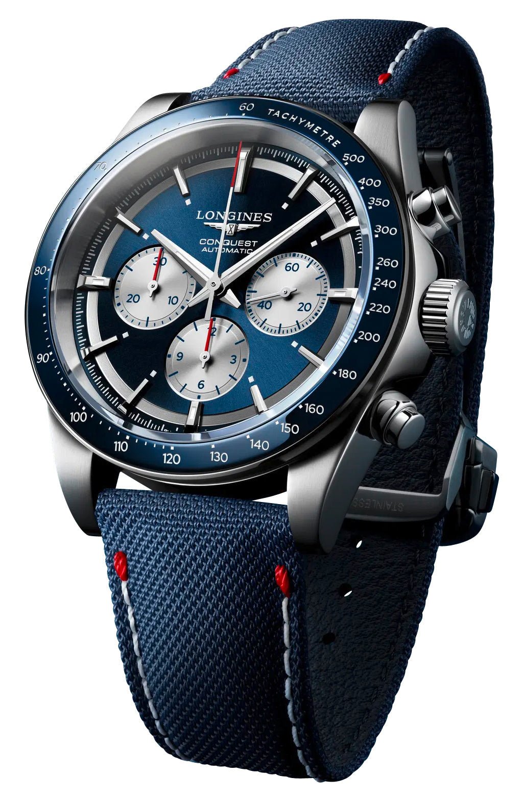 Limited Edition Longines Conquest Marco Odermatt Automatic Chronograph Blue Dial Fabric Strap Interchangeable Blue NATO Strap Mens Watch L3.835.4.91.2 wholesalehk.shop