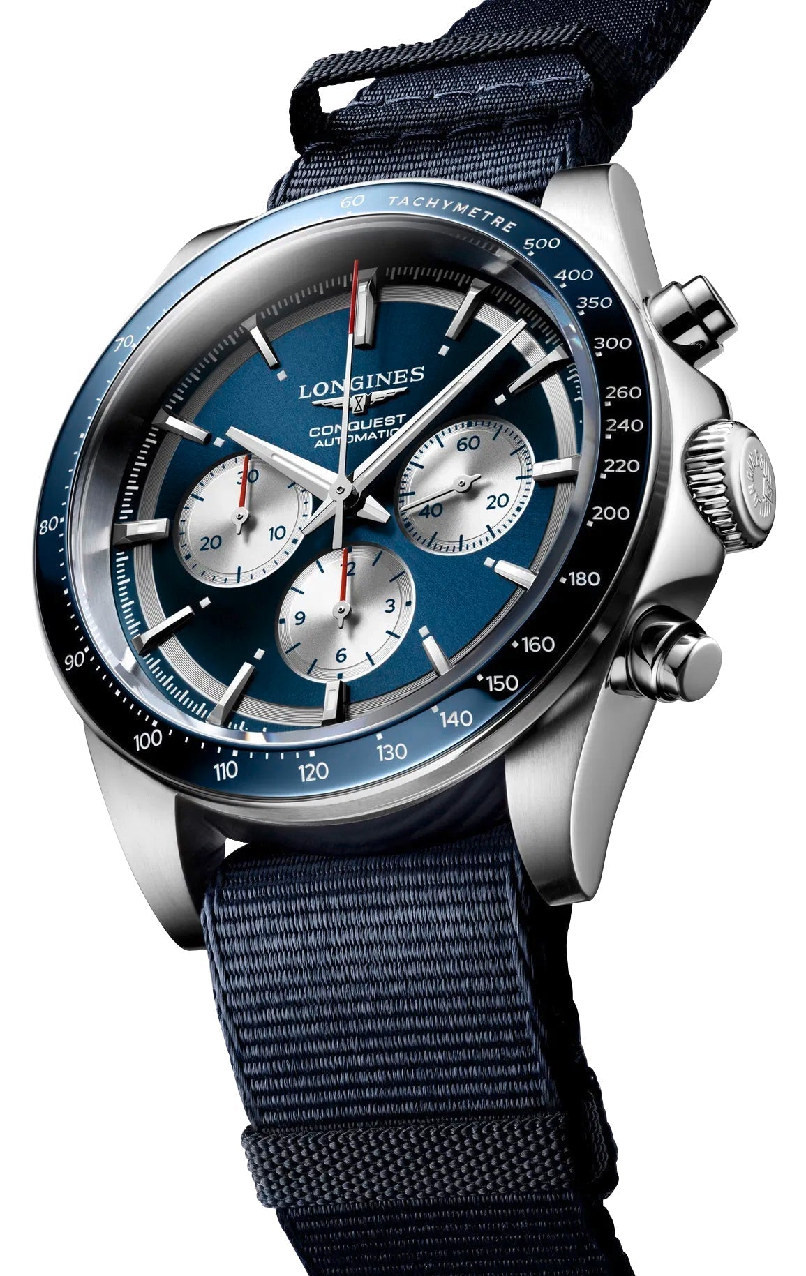 Limited Edition Longines Conquest Marco Odermatt Automatic Chronograph Blue Dial Fabric Strap Interchangeable Blue NATO Strap Mens Watch L3.835.4.91.2 wholesalehk.shop