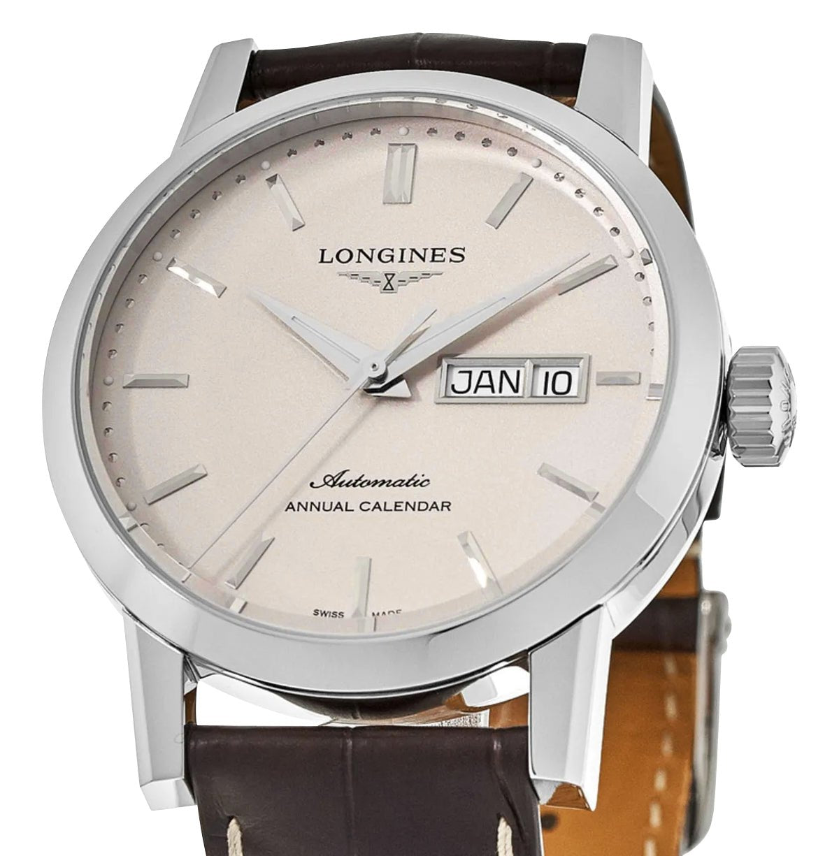 Longines 1832 Annual Calendar Automatic Stainless Steel Beige Dial Brown Leather Strap Date/Month Mens Watch L4.827.4.92.2 wholesalehk.shop