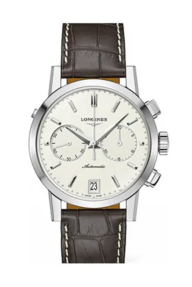 Longines 1832 Automatic Chronograph Stainless Steel Beige Dial Brown Leather Strap Date Mens Watch L4.829.4.92.1 wholesalehk.shop