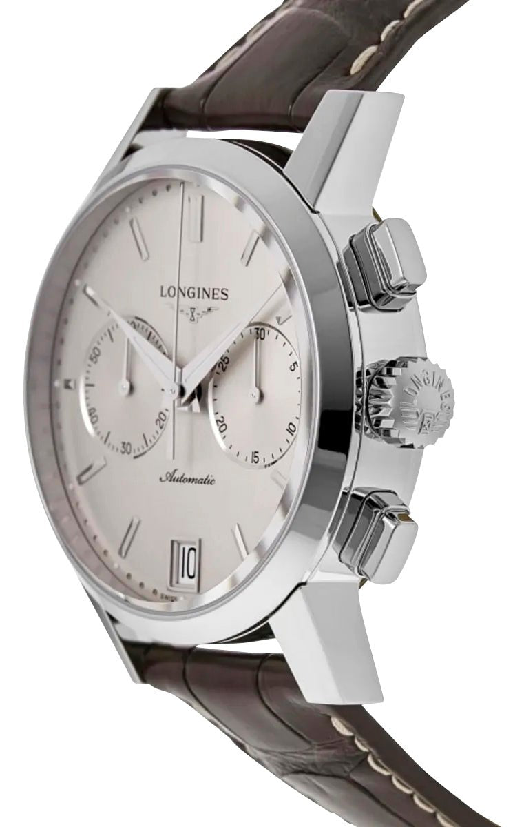 Longines 1832 Automatic Chronograph Stainless Steel Beige Dial Brown Leather Strap Date Mens Watch L4.829.4.92.2 wholesalehk.shop