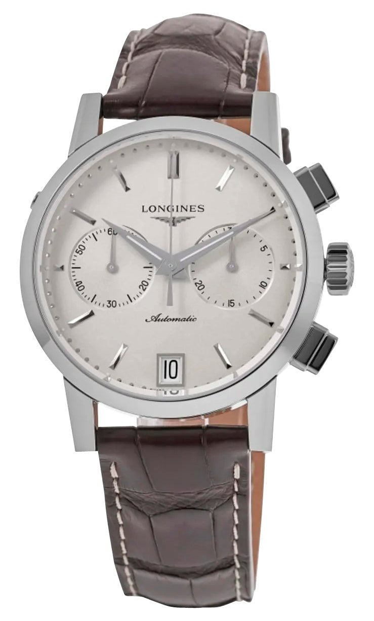 Longines 1832 Automatic Chronograph Stainless Steel Beige Dial Brown Leather Strap Date Mens Watch L4.829.4.92.2 wholesalehk.shop
