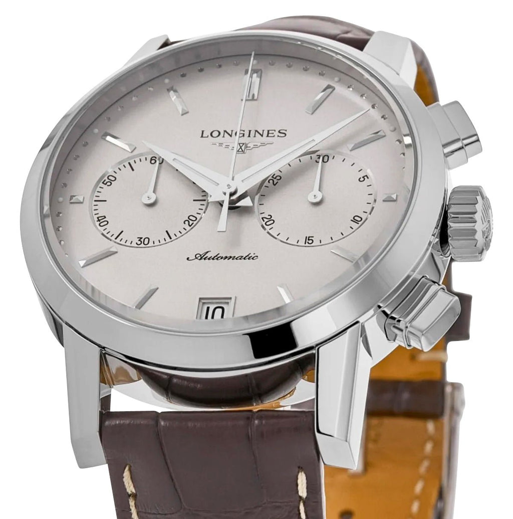 Longines 1832 Automatic Chronograph Stainless Steel Beige Dial Brown Leather Strap Date Mens Watch L4.829.4.92.2 wholesalehk.shop