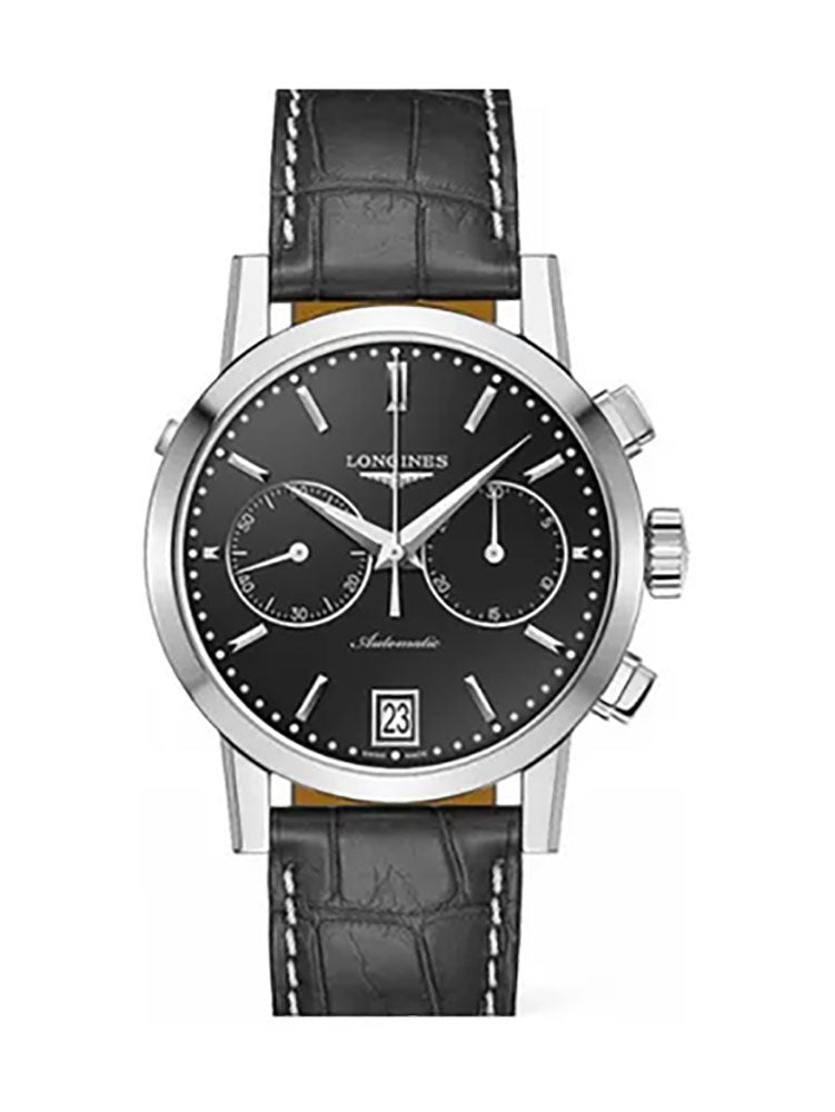 Longines 1832 Automatic Chronograph Stainless Steel Black Dial Date Black Leather Strap Mens Watch L4.829.4.52.1 wholesalehk.shop