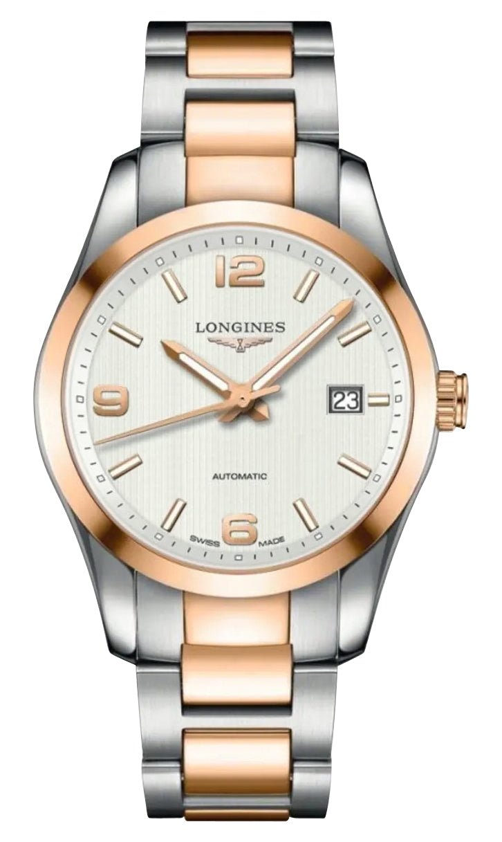 Longines Conquest Automatic Stainless Steel & 18K Rose Gold Silver Dial Date Mens Watch L2.785.5.76.7 wholesalehk.shop