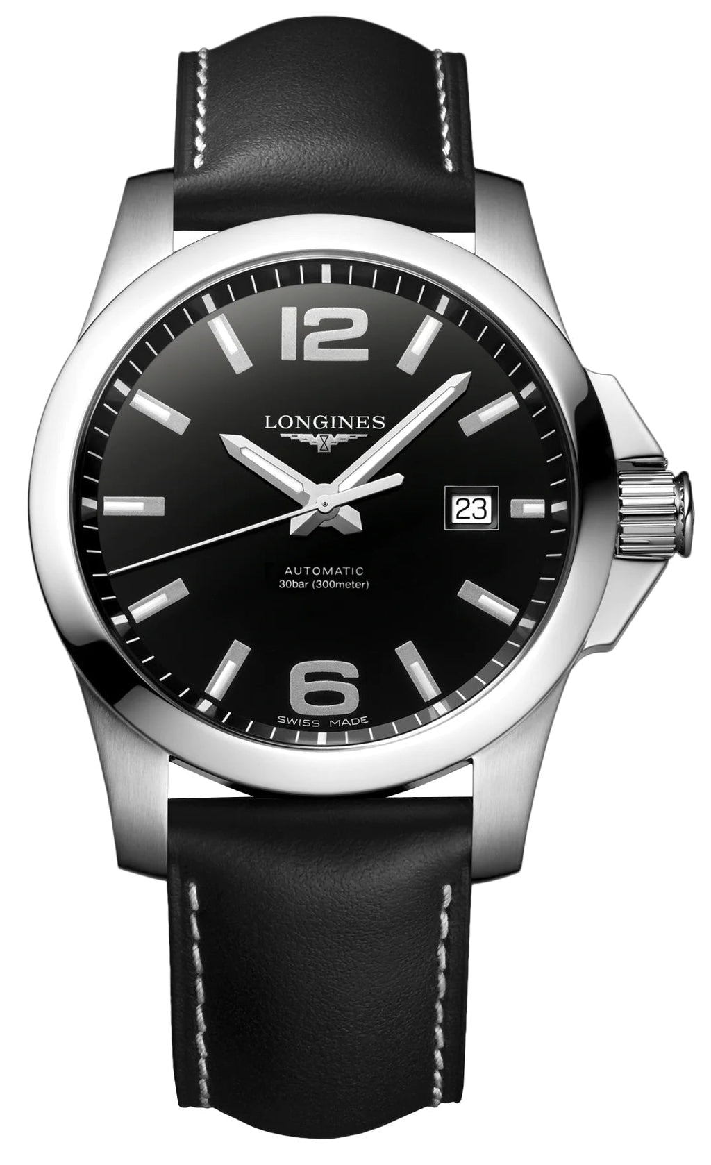 Longines Conquest Automatic Stainless Steel Black Dial Black Leather Strap Date Divers Mens Watch L3.778.4.58.3 wholesalehk.shop