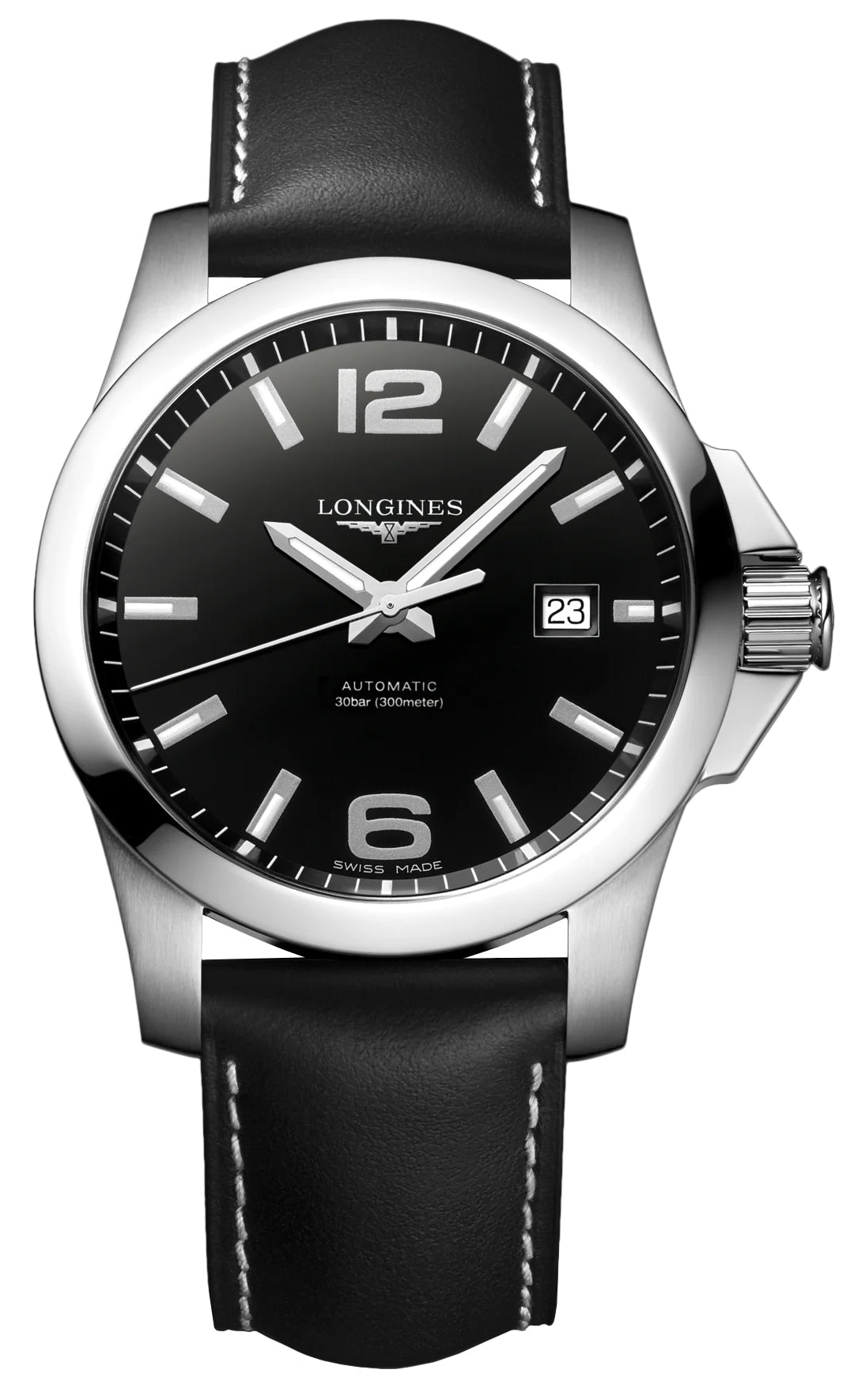Longines Conquest Automatic Stainless Steel Black Dial Black Leather Strap Date Divers Mens Watch L3.778.4.58.3 wholesalehk.shop