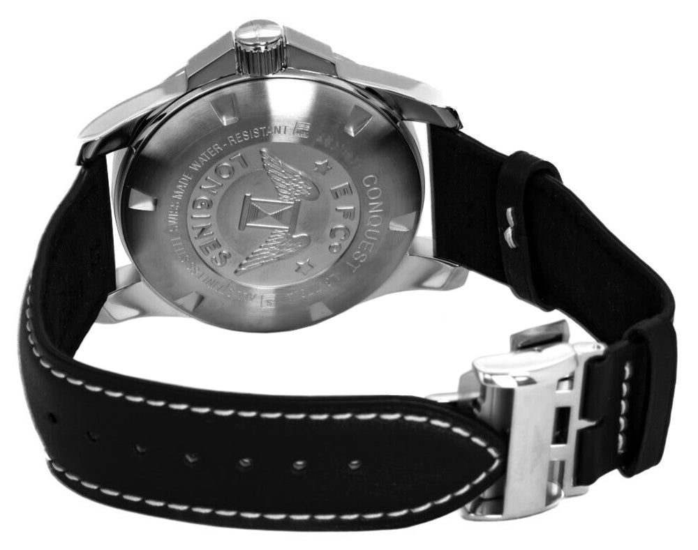 Longines Conquest Automatic Stainless Steel Black Dial Black Leather Strap Date Divers Mens Watch L3.778.4.58.3 wholesalehk.shop