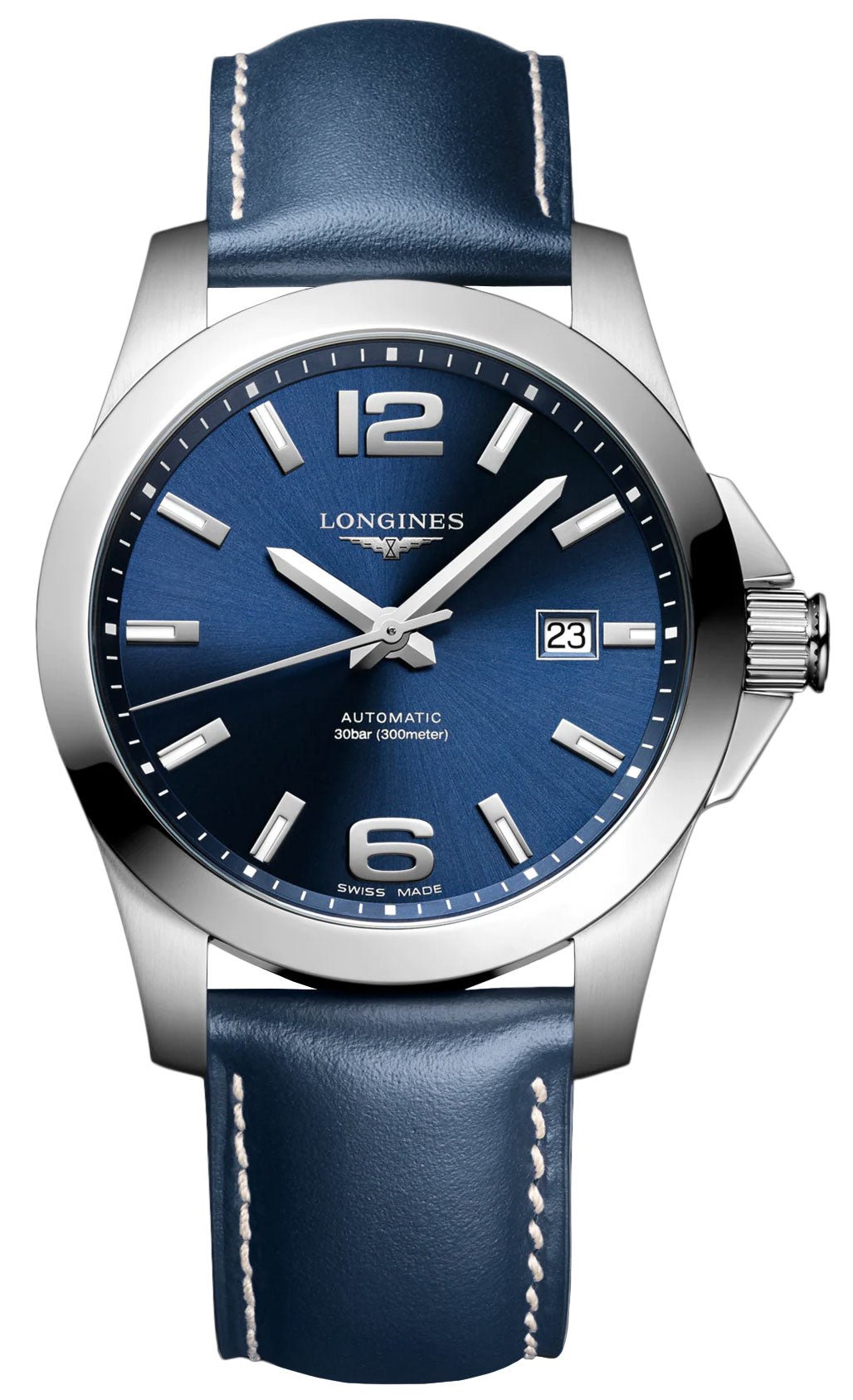 Longines Conquest Automatic Stainless Steel Blue Dial Blue Leather Strap Date Divers Mens Watch L3.777.4.99.0 wholesalehk.shop