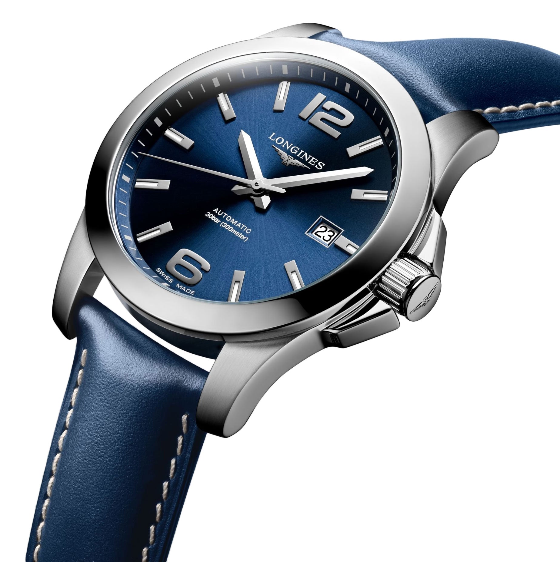 Longines Conquest Automatic Stainless Steel Blue Dial Blue Leather Strap Date Divers Mens Watch L3.777.4.99.0 wholesalehk.shop