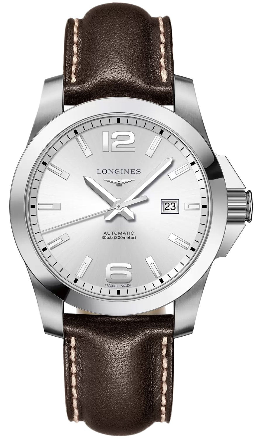 Longines Conquest Automatic Stainless Steel Brown Leather Strap Silver Dial Date Mens Watch L3.778.4.76.5 wholesalehk.shop