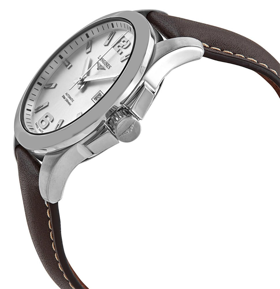 Longines Conquest Automatic Stainless Steel Silver Dial Brown Leather Strap Date Divers Mens Watch L3.777.4.76.5 wholesalehk.shop