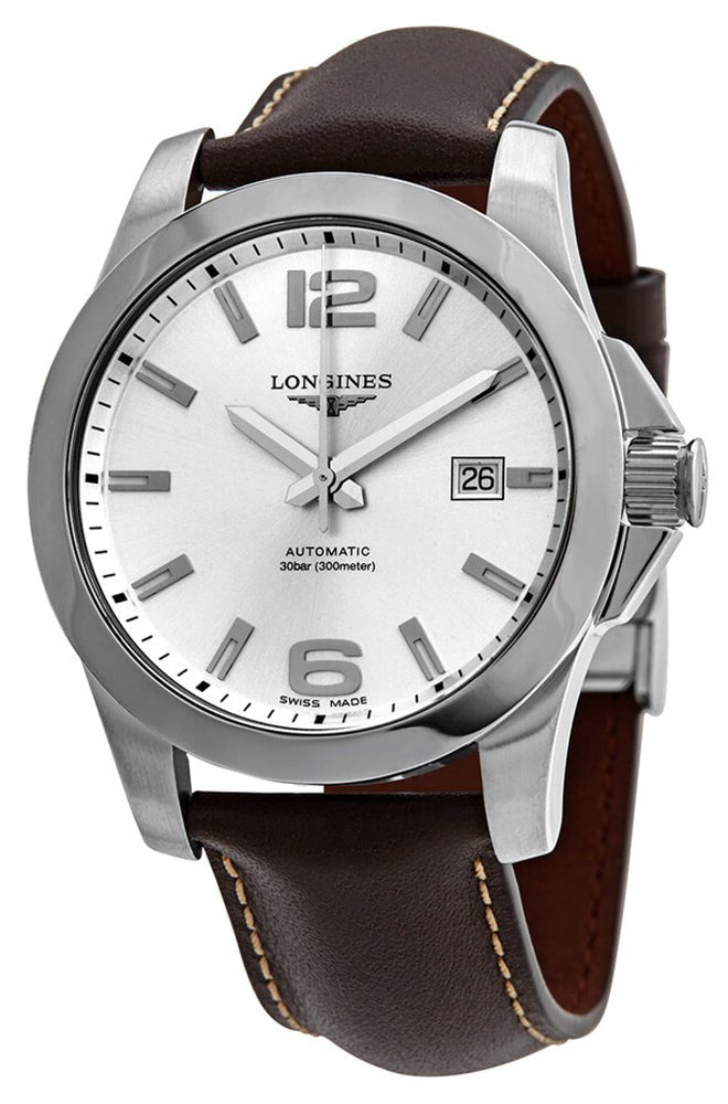 Longines Conquest Automatic Stainless Steel Silver Dial Brown Leather Strap Date Divers Mens Watch L3.777.4.76.5 wholesalehk.shop