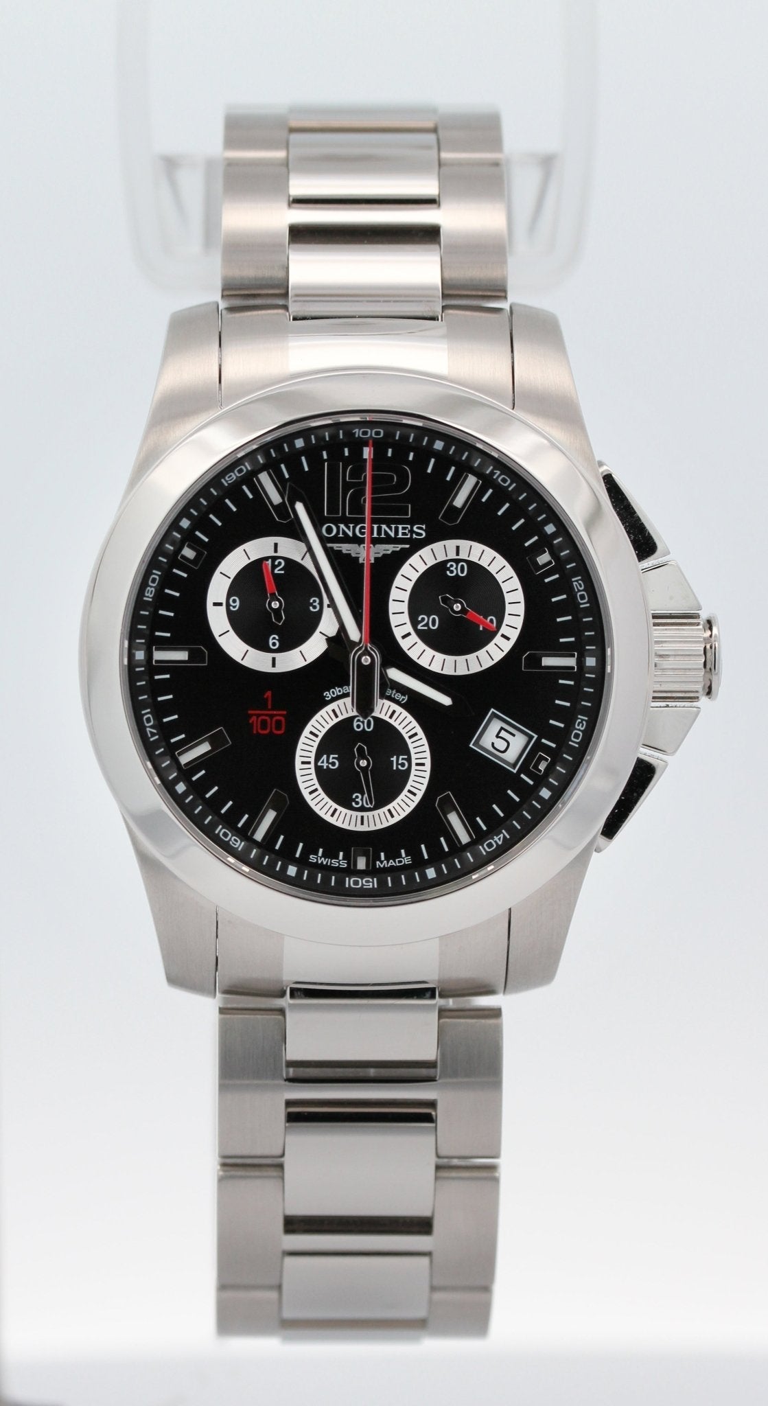 Longines Conquest Chronograph Stainless Steel Black Dial Date Divers Quartz Mens Watch L3.700.4.56.6 wholesalehk.shop
