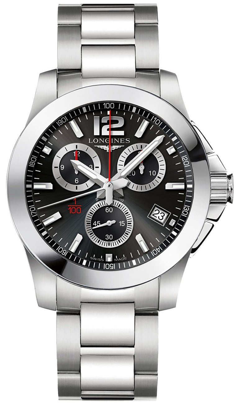 Longines Conquest Chronograph Stainless Steel Black Dial Date Divers Quartz Mens Watch L3.700.4.56.6 wholesalehk.shop