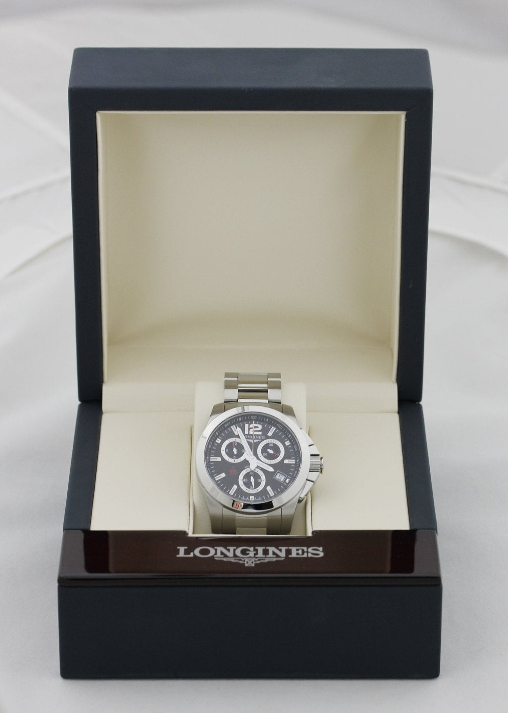 Longines Conquest Chronograph Stainless Steel Black Dial Date Divers Quartz Mens Watch L3.700.4.56.6 wholesalehk.shop