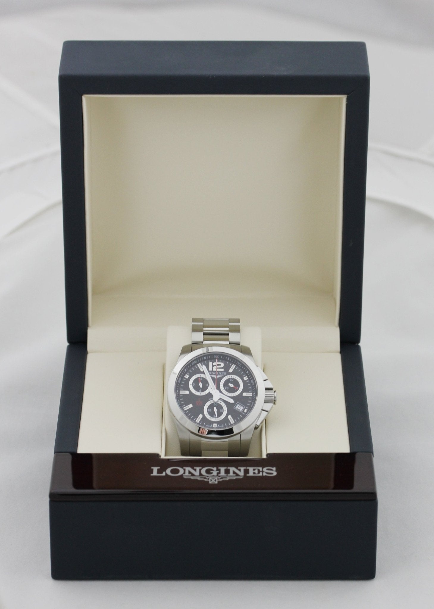 Longines Conquest Chronograph Stainless Steel Black Dial Date Divers Quartz Mens Watch L3.700.4.56.6 wholesalehk.shop