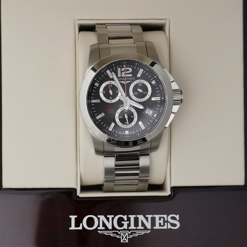Longines Conquest Chronograph Stainless Steel Black Dial Date Divers Quartz Mens Watch L3.700.4.56.6 wholesalehk.shop