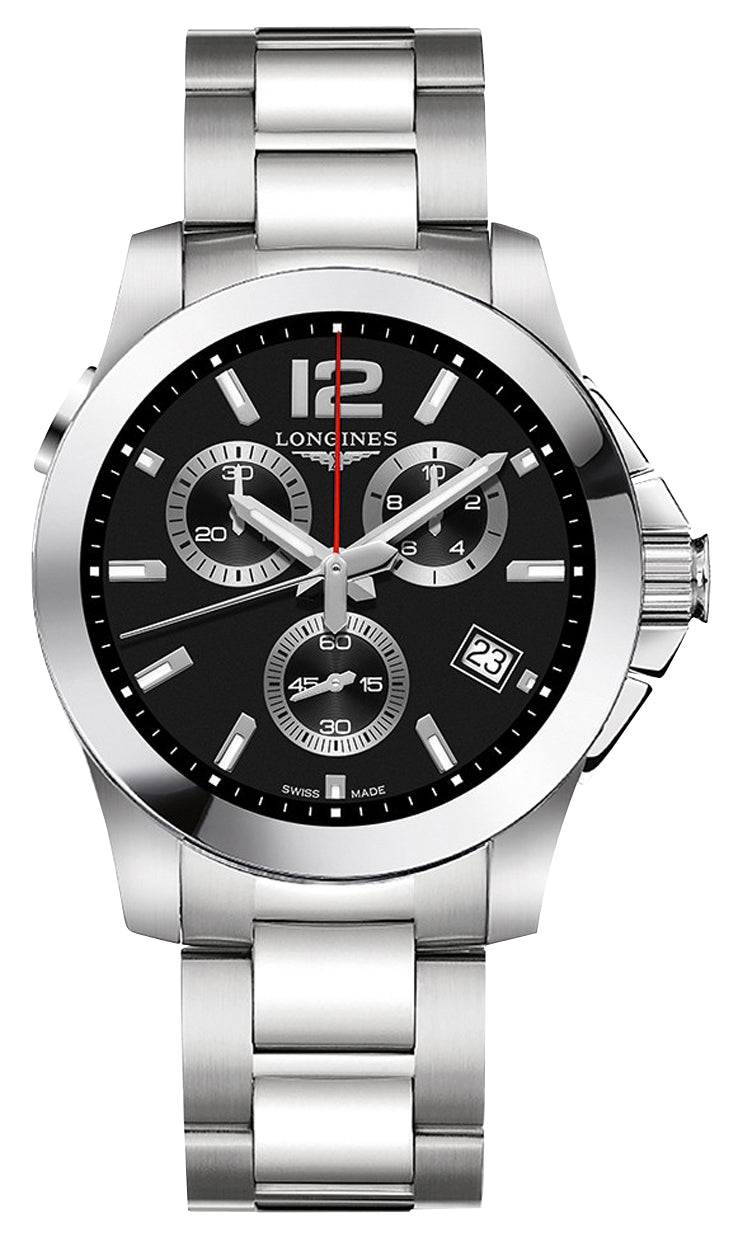 Longines Conquest Chronograph Stainless Steel Black Dial Date Divers Quartz Mens Watch L3.702.4.56.6 wholesalehk.shop