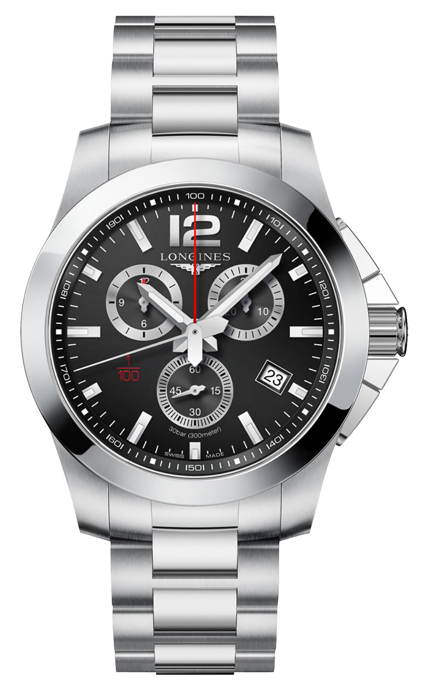 Longines Conquest Chronograph Stainless Steel Black Dial Date Divers Quartz Mens Watch L3.800.4.56.6 wholesalehk.shop
