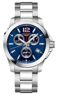 Longines Conquest Chronograph Stainless Steel Blue Dial Date Divers Quartz Mens Watch L3.702.4.96.6 wholesalehk.shop
