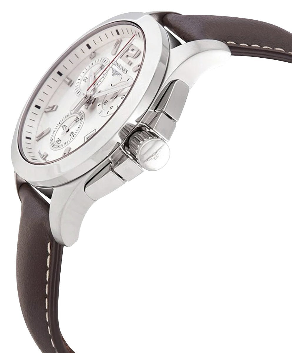 Longines Conquest Chronograph Stainless Steel Silver Dial Brown Leather Strap Date Divers Quartz Mens Watch L3.702.4.76.5 wholesalehk.shop