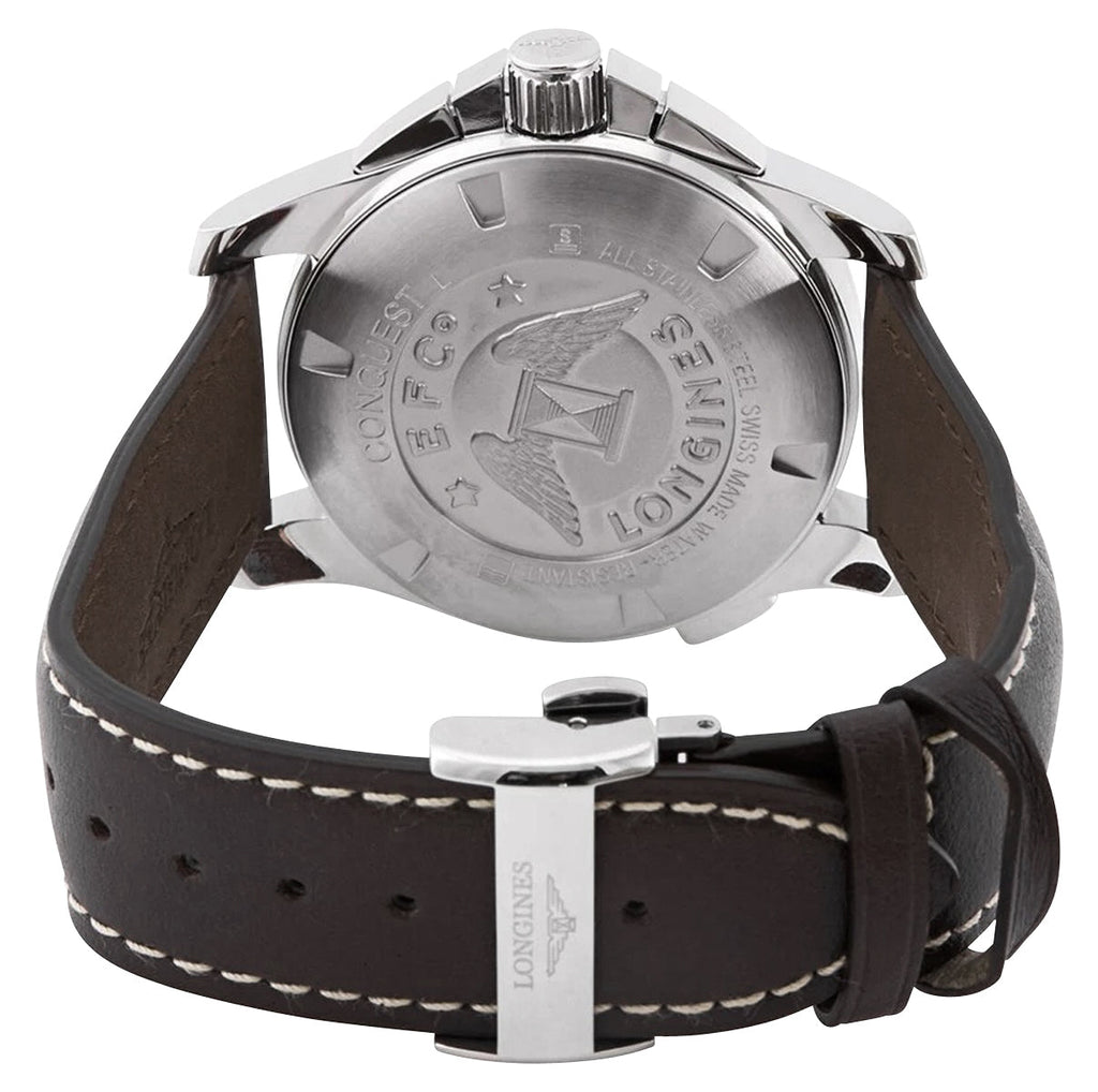 Longines Conquest Chronograph Stainless Steel Silver Dial Brown Leather Strap Date Divers Quartz Mens Watch L3.702.4.76.5 wholesalehk.shop