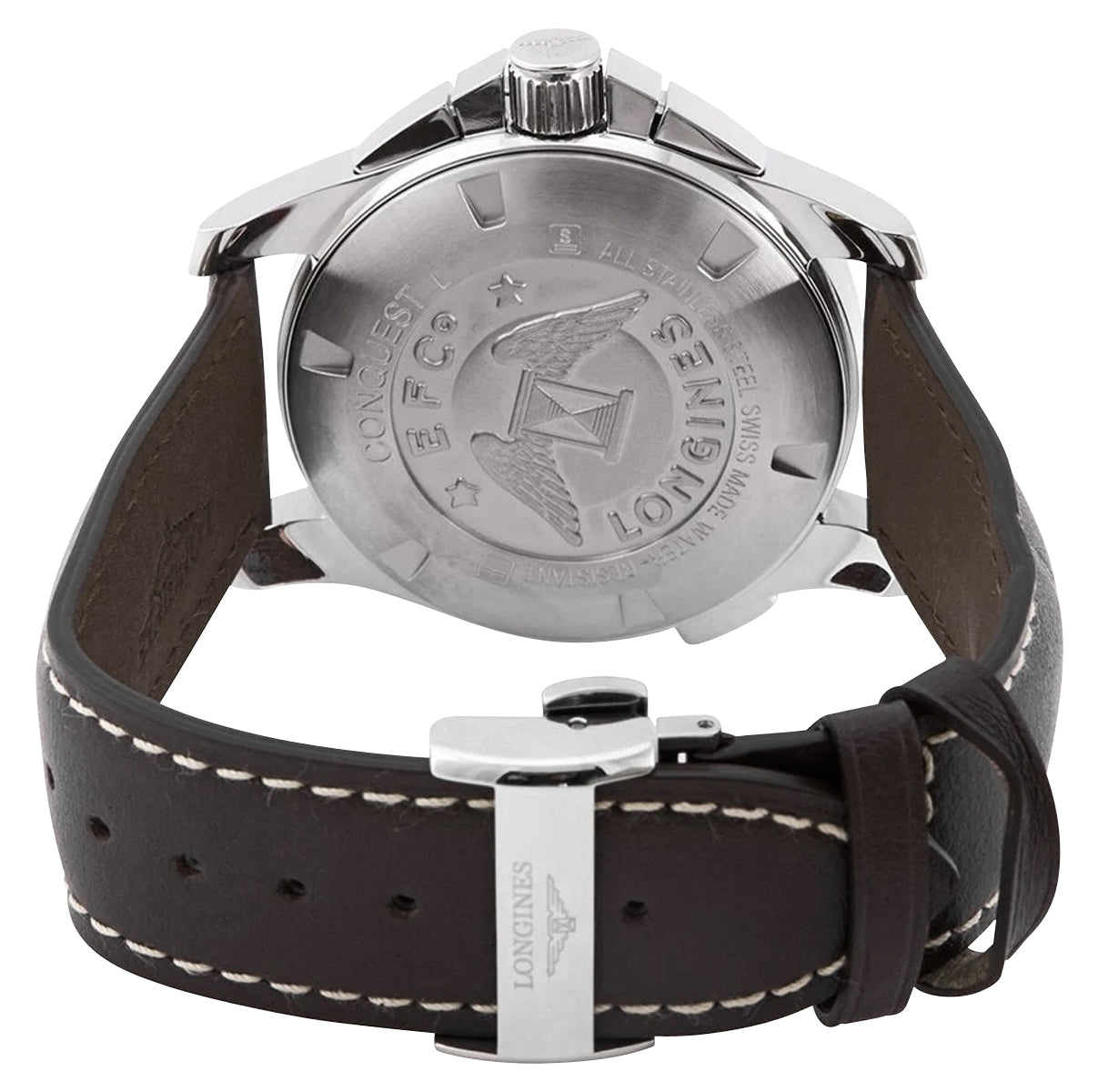 Longines Conquest Chronograph Stainless Steel Silver Dial Brown Leather Strap Date Divers Quartz Mens Watch L3.702.4.76.5 wholesalehk.shop