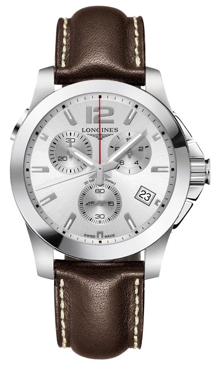 Longines Conquest Chronograph Stainless Steel Silver Dial Brown Leather Strap Date Divers Quartz Mens Watch L3.702.4.76.5 wholesalehk.shop