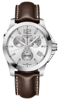 Longines Conquest Chronograph Stainless Steel Silver Dial Brown Leather Strap Date Divers Quartz Mens Watch L3.702.4.76.5 wholesalehk.shop