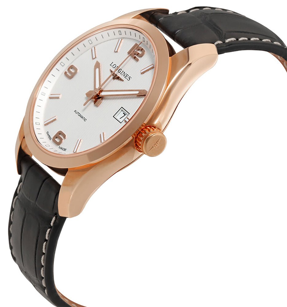 Longines Conquest Classic Automatic 18K Rose Gold Silver Dial Black Leather Strap Date Mens Watch L2.785.8.76.3 wholesalehk.shop