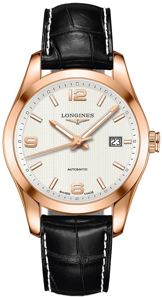 Longines Conquest Classic Automatic 18K Rose Gold Silver Dial Black Leather Strap Date Mens Watch L2.785.8.76.3 wholesalehk.shop