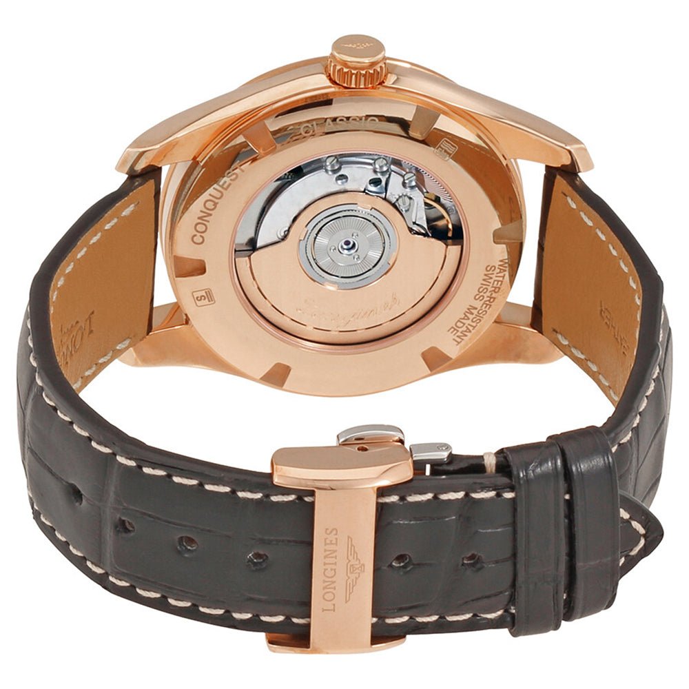 Longines Conquest Classic Automatic 18K Rose Gold Silver Dial Black Leather Strap Date Mens Watch L2.785.8.76.3 wholesalehk.shop
