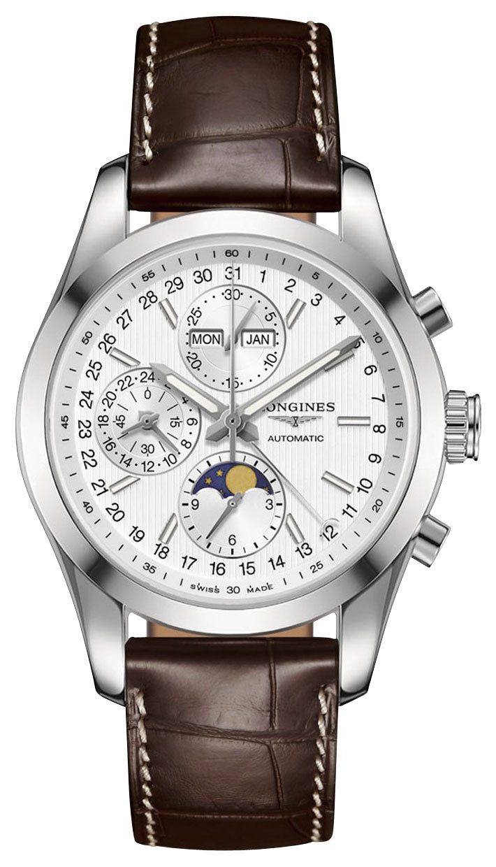 Longines Conquest Classic Automatic Chronograph Moonphase Month/Day/Date Silver Dial Brown Leather Strap Mens Watch L2.798.4.72.3 wholesalehk.shop