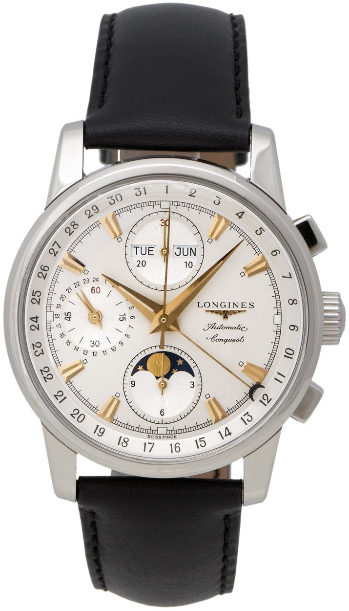 Longines Conquest Heritage Automatic Chronograph Moonphase Silver Dial Day-Date-Month Mens Watch L1.642.4.77.2 wholesalehk.shop