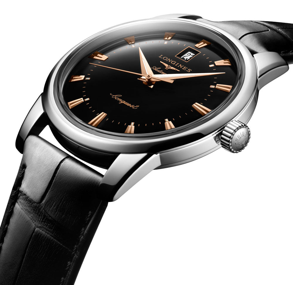 Longines Conquest Heritage Automatic Stainless Steel Black Dial Black Leather Strap Date Mens Watch L1.645.4.52.4 wholesalehk.shop