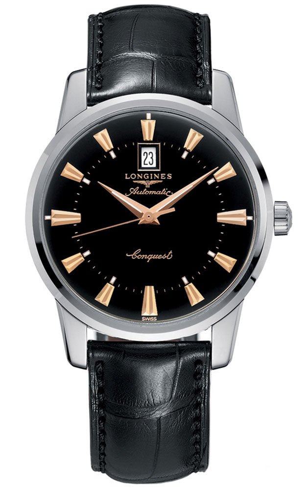 Longines Conquest Heritage Automatic Stainless Steel Black Dial Black Leather Strap Date Mens Watch L1.645.4.52.4 wholesalehk.shop