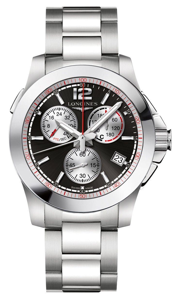 Longines Conquest Jumping Chronograph Stainless Steel Black Dial Date Quartz Mens Watch L3.701.4.56.6 wholesalehk.shop