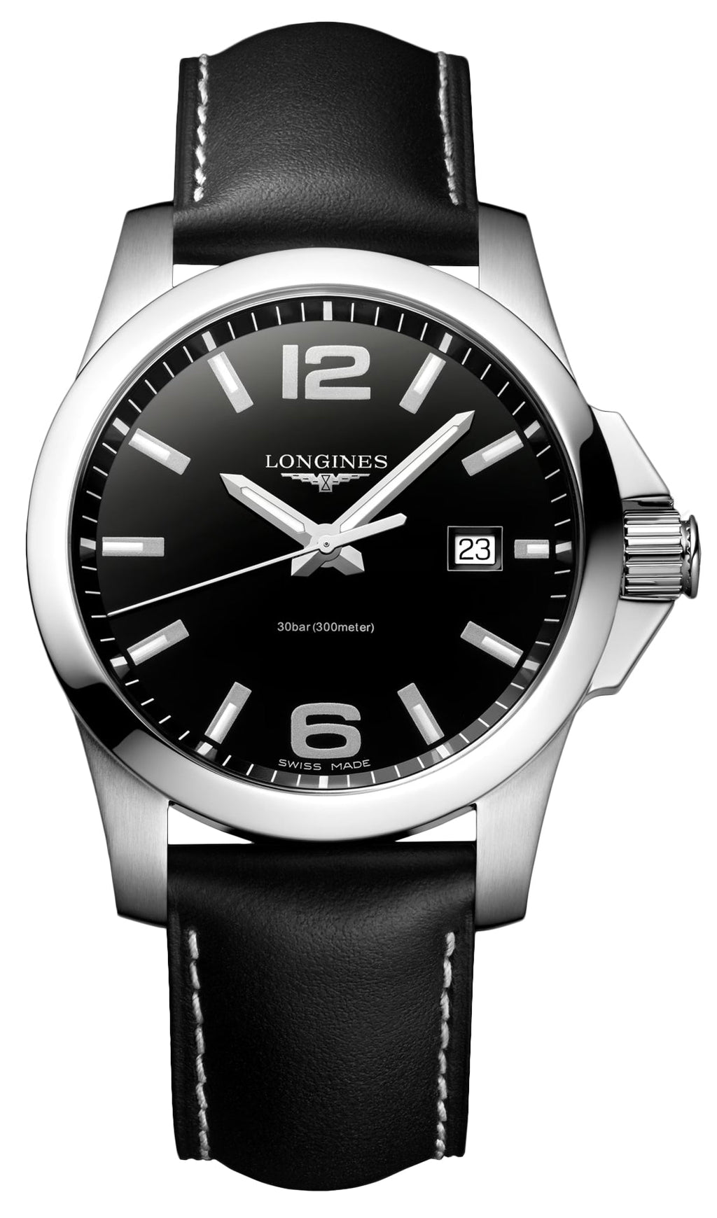 Longines Conquest Stainless Steel Black Dial Black Leather Strap Date Divers Quartz Mens Watch L3.759.4.58.3 wholesalehk.shop