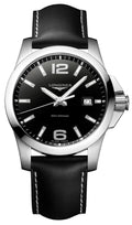 Longines Conquest Stainless Steel Black Dial Black Leather Strap Date Divers Quartz Mens Watch L3.759.4.58.3 wholesalehk.shop