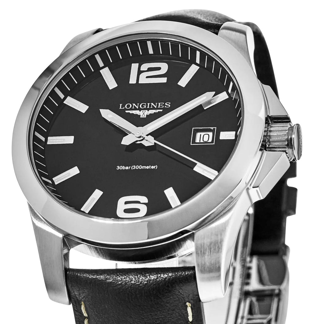 Longines Conquest Stainless Steel Black Dial Black Leather Strap Date Divers Quartz Mens Watch L3.759.4.58.3 wholesalehk.shop