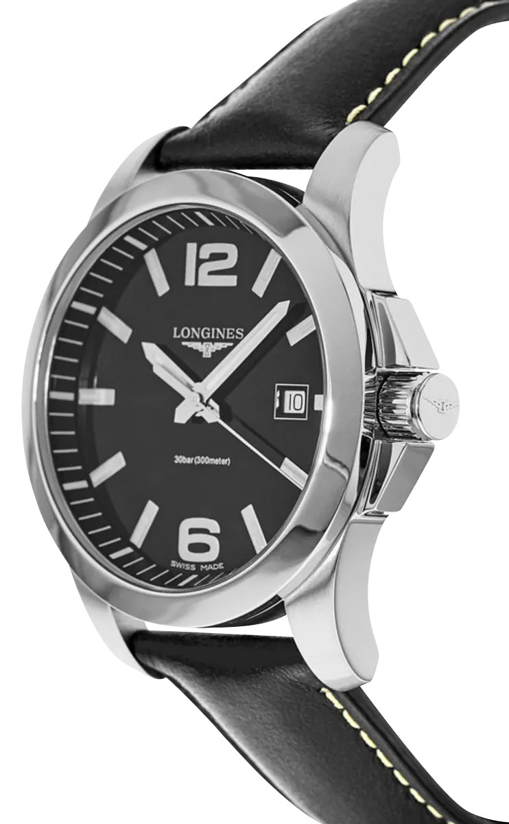 Longines Conquest Stainless Steel Black Dial Black Leather Strap Date Divers Quartz Mens Watch L3.759.4.58.3 wholesalehk.shop