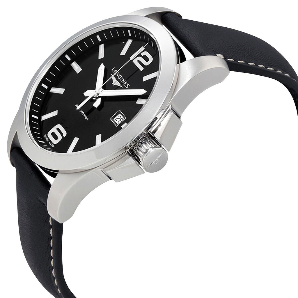 Longines Conquest Stainless Steel Black Dial Black Leather Strap Date Divers Quartz Mens Watch L3.760.4.56.3 wholesalehk.shop
