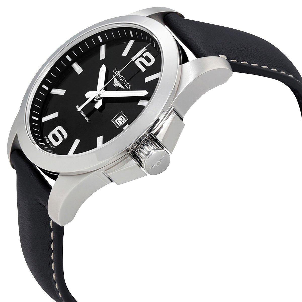 Longines Conquest Stainless Steel Black Dial Black Leather Strap Date Divers Quartz Mens Watch L3.760.4.56.3 wholesalehk.shop