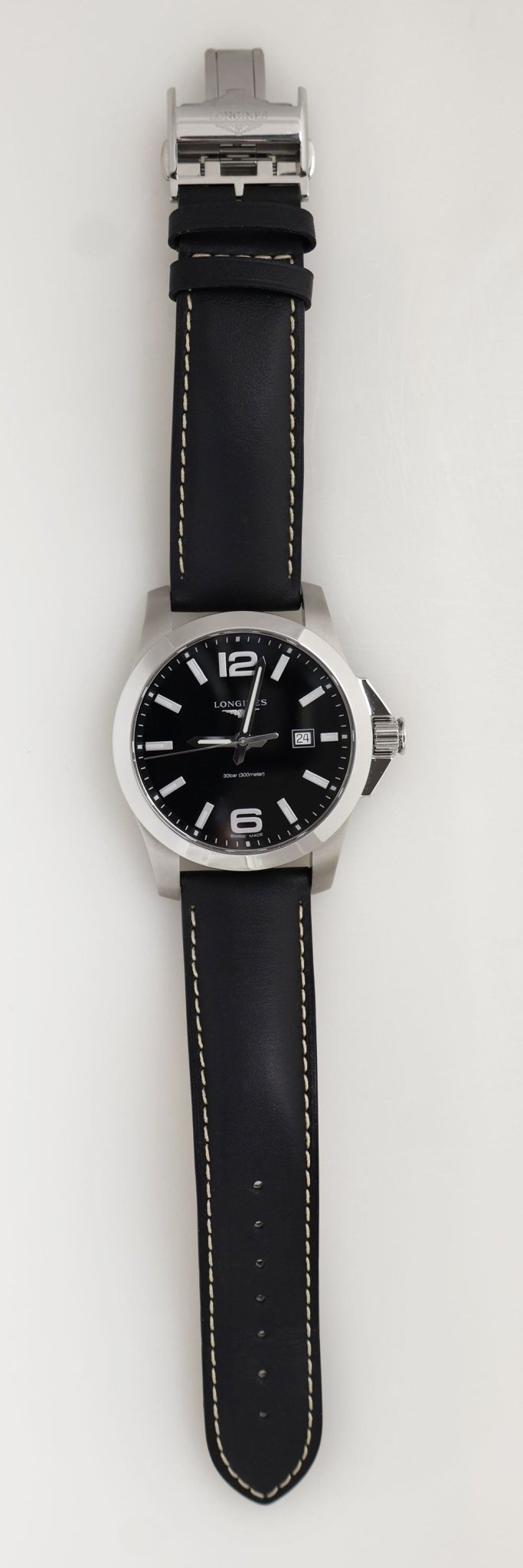 Longines Conquest Stainless Steel Black Dial Black Leather Strap Date Divers Quartz Mens Watch L3.760.4.56.3 wholesalehk.shop