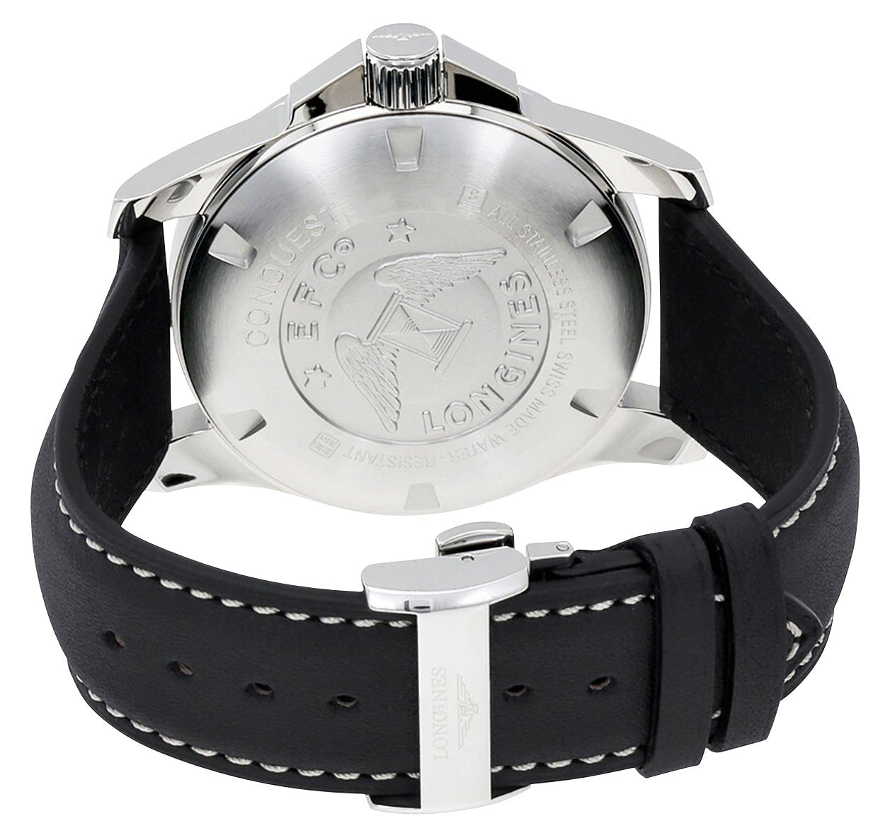 Longines Conquest Stainless Steel Black Dial Black Leather Strap Date Divers Quartz Mens Watch L3.760.4.56.3 wholesalehk.shop